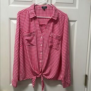 Jones New York Red and White Gingham Tie Button Down Shirt Size XXL Long